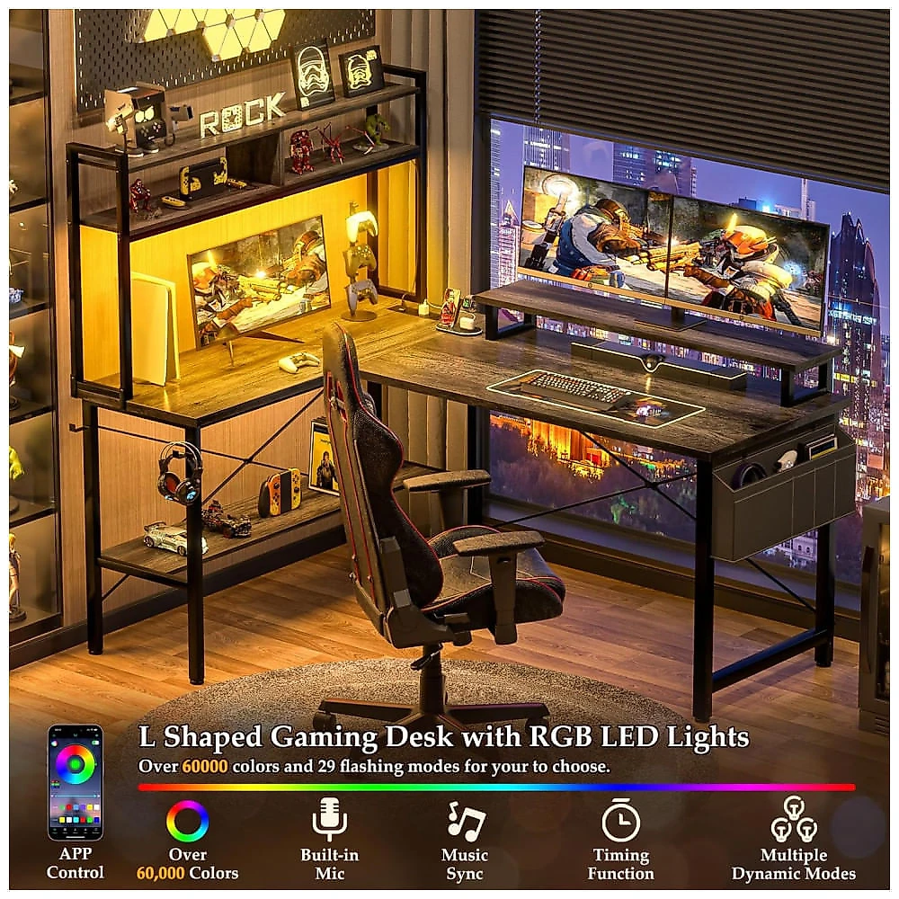 Mesa Gamer em L Aheaplus Carvalho Cinza com Tomadas Elétricas, Luzes LED, Suporte para Monitor e Prateleiras, 49 polegadas (124 cm)