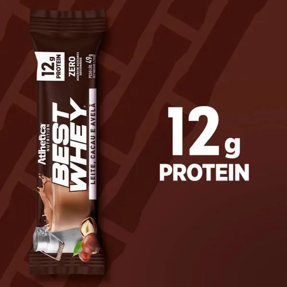 Barra de Proteína Best Whey Atlhetica Sabor Leite Cacau e Avela 12g de Proteínas 49G