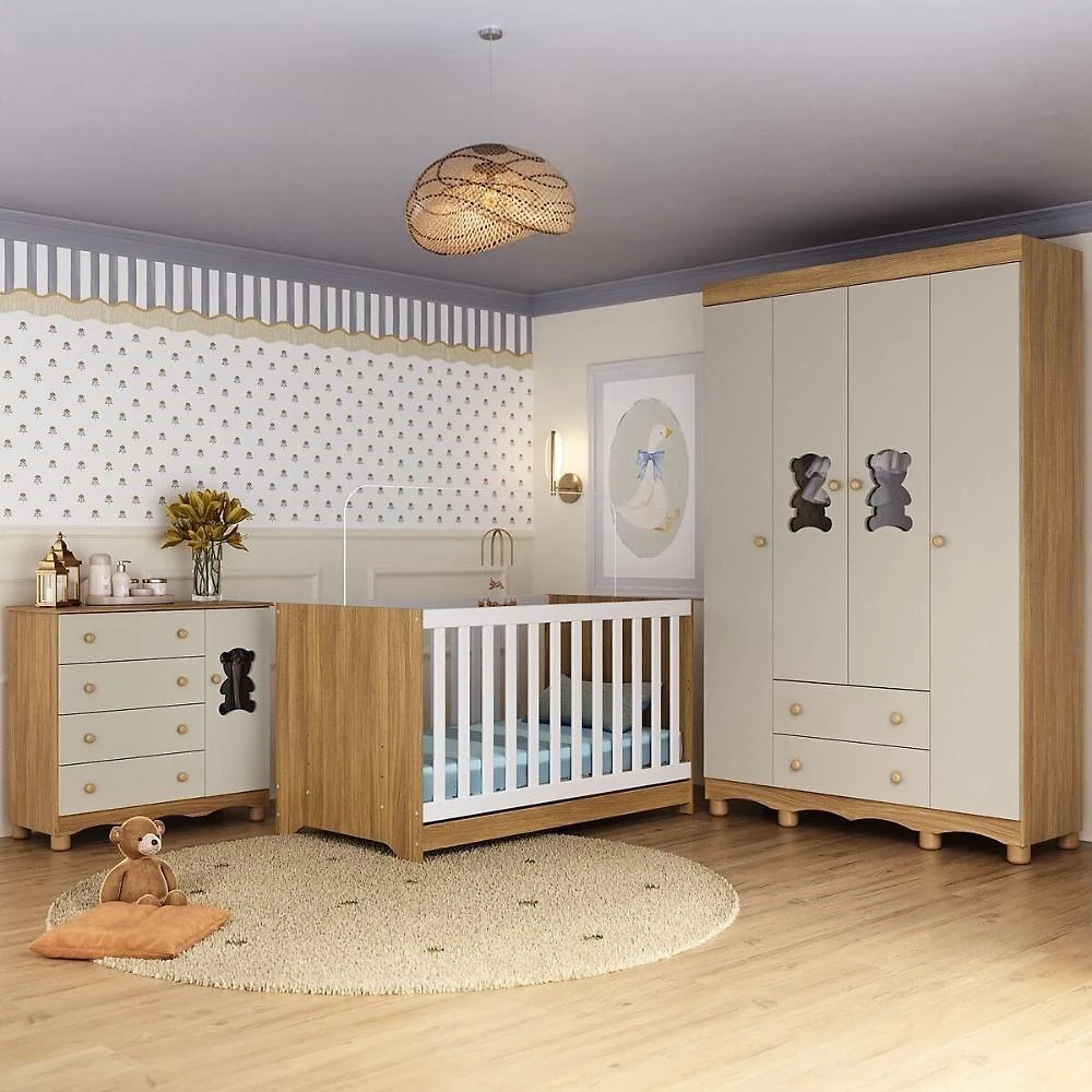 Quarto De Bebê Completo Com Berço Americano 3 Em 1 Ternura Multimóveis MP4647 Madeirado-off White