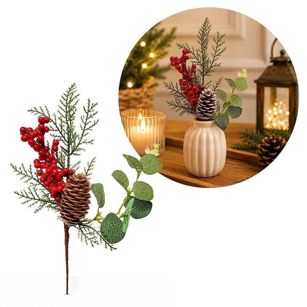 Pick Natalino Decorativo Azevinho com Pinha Nevada Visual Clássico Verde Bela Flor 16CM