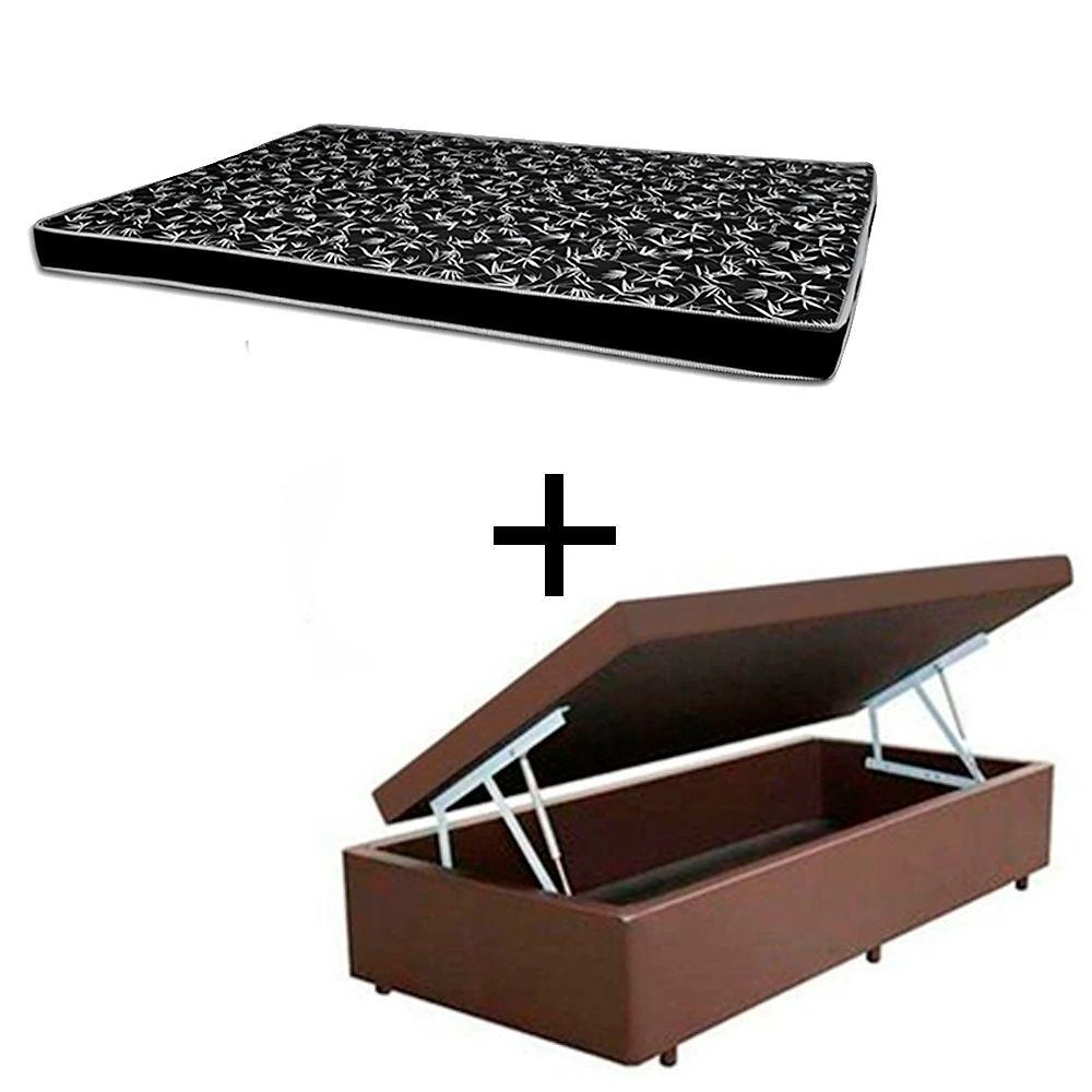 Cama Box Baú Solteiro 88 Tecido Sintético Marrom Com Colchão Hamburgo - 100% Espuma - D28 Preto 55x88x188