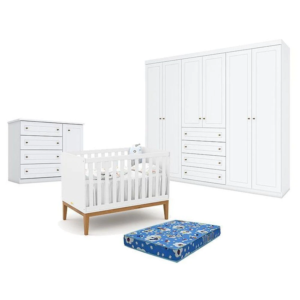 Quarto De Bebê Americano 6 Portas Com Berço Americano Unique Branco Soft Eco Wood - Matic - Henn E Colchão Ortobom