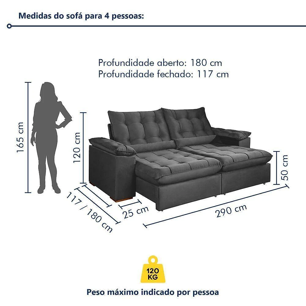 Sofá Retrátil e Reclinável Valencia 4 Lugares 290CM Cinza Veludo Rei de Casa