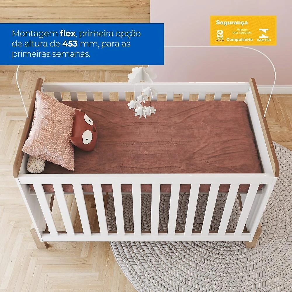 Conjunto Quarto de Bebê Berço 2 em 1 e Guarda-Roupa Yuri Branco/Jequitibá HP