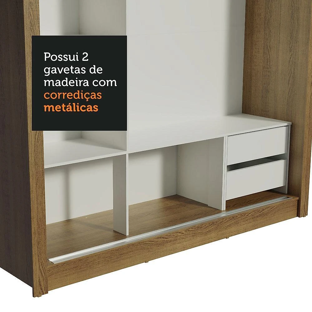 Guarda roupa casal madesa lyon 3 portas de correr com espelho 2 gavetas - rustic/preto