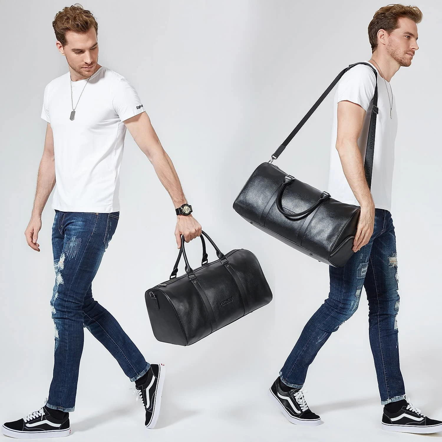 BOSTANTEN Bolsa de Viagem Masculina Clássica de Couro Genuíno Preta