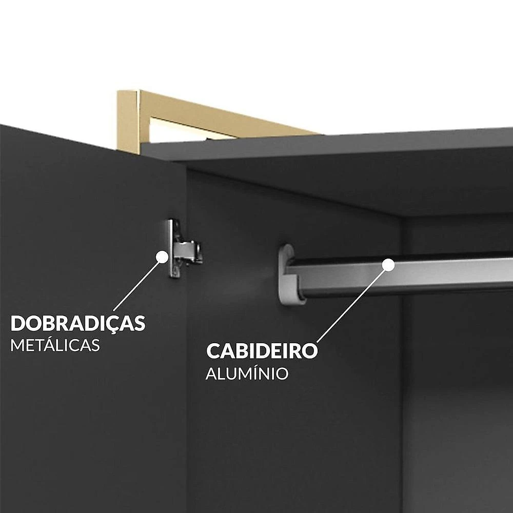 Guarda Roupa Closet Modulado Casal 6 Gavetas 3 Cabideiros Estrutura Metalica 250cm Olivar Preto Ac