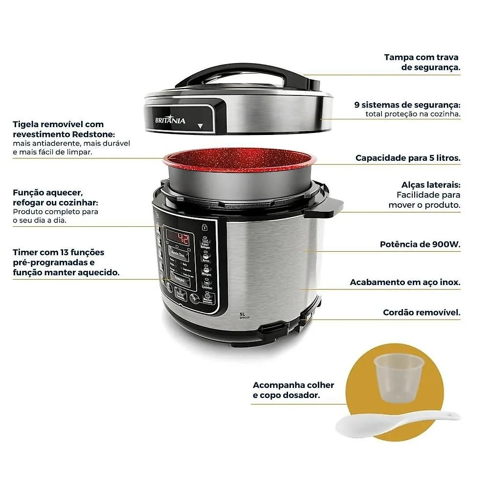 Panela de Pressão Elétrica 5 Litros Britânia BPP05P - 220 Volts Panela de Pressão Elétrica Britânia BPP05P - 220 Volts