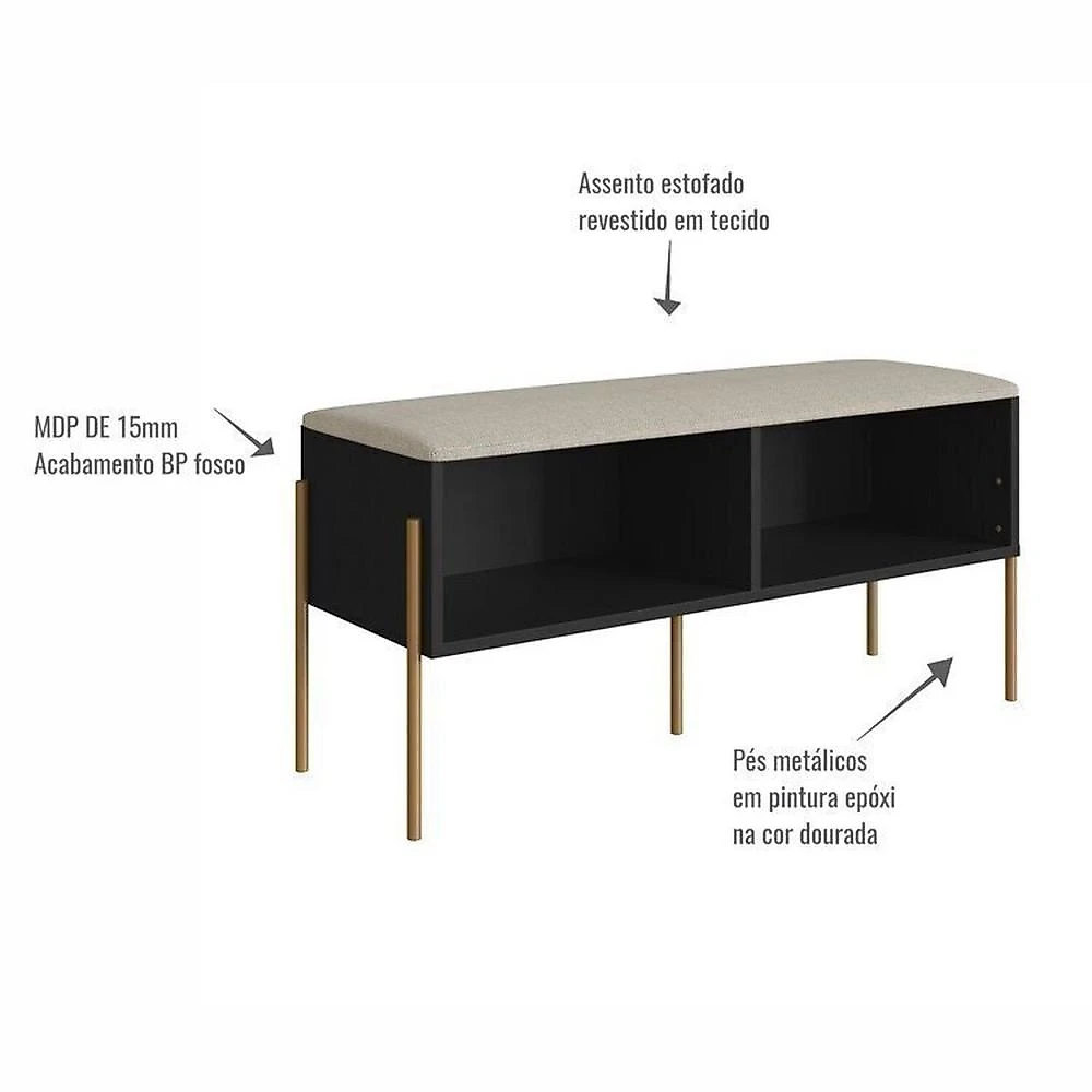 Conjunto Sapateira Banco Estofada e Prateleira Pé Metal Oslo Nero/Dourado