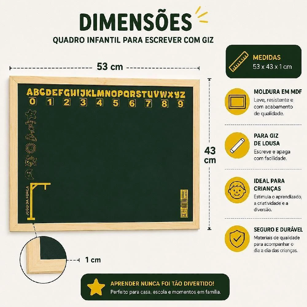 Lousa Quadro Verde Infantil Pedagógica com Alfabeto Numeral Abc Numeros Moldura MDF