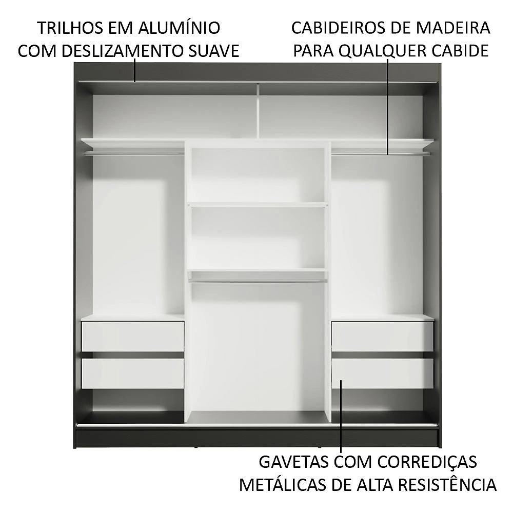 Miniatura Guarda-Roupa Casal Madesa Reno 3 Portas de Correr com Espelho - Preto/Rustic Preto/Rustic