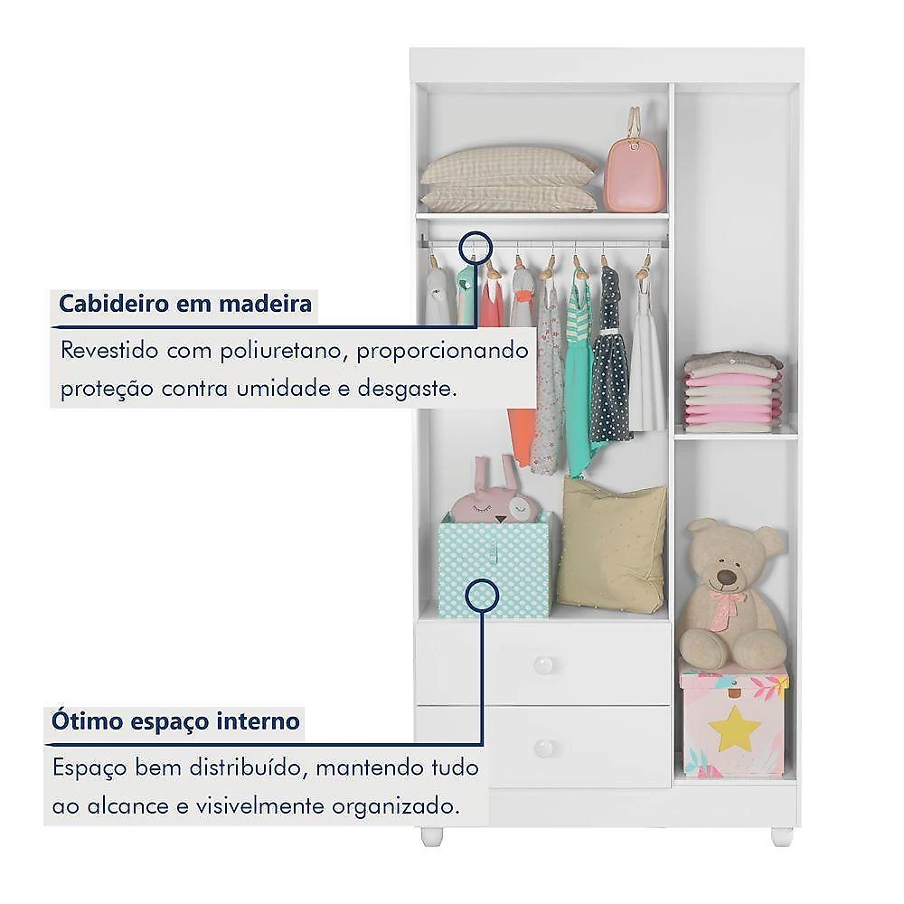 Quarto Bebê Life Berço Cômoda Guarda Roupa 3 Portas Colchão Branco Tigus Móveis