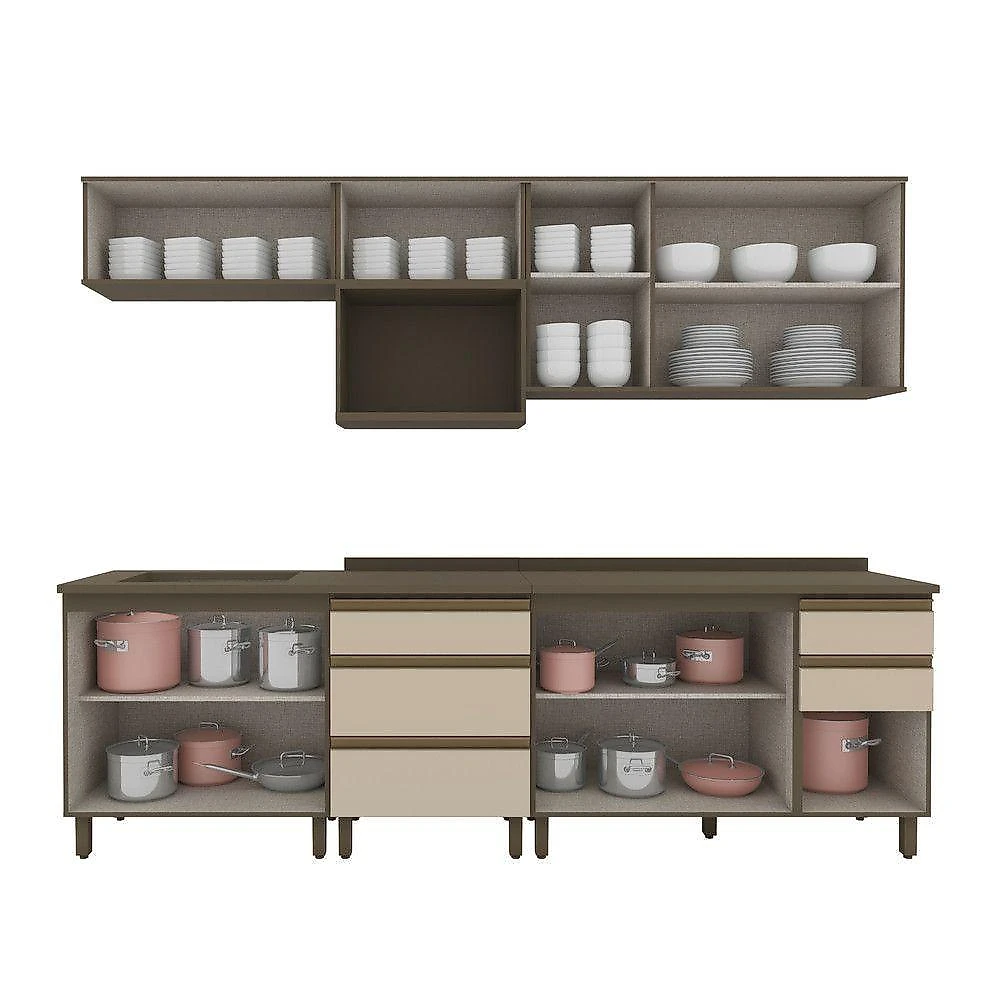Cozinha Compacta 6 Peças com Tampo para Cooktop Connect 10 Portas 4 Prateleiras MDF Duna e Cristal