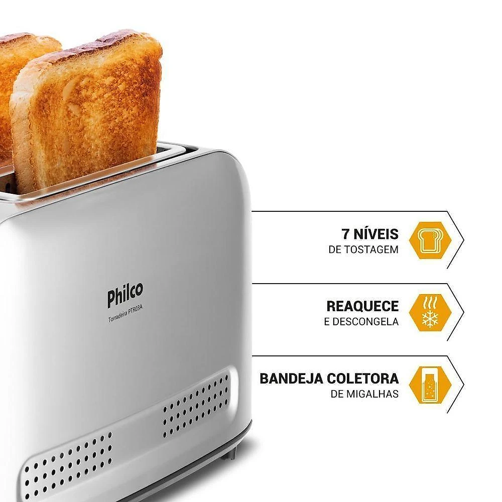 Torradeira ptr03a 7 níveis de tostagem 3 funções com coletor de migalhas 800w 220v philco
