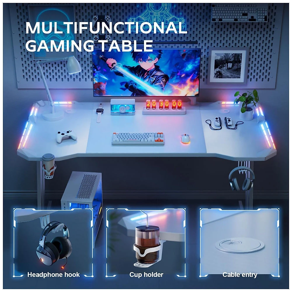 Mesa Gamer 119 cm HLDIRECT Branca com Luzes LED RGB, Superfície Fibra de Carbono, Suporte para Copo e Gancho para Fones, Modelo ZZ120