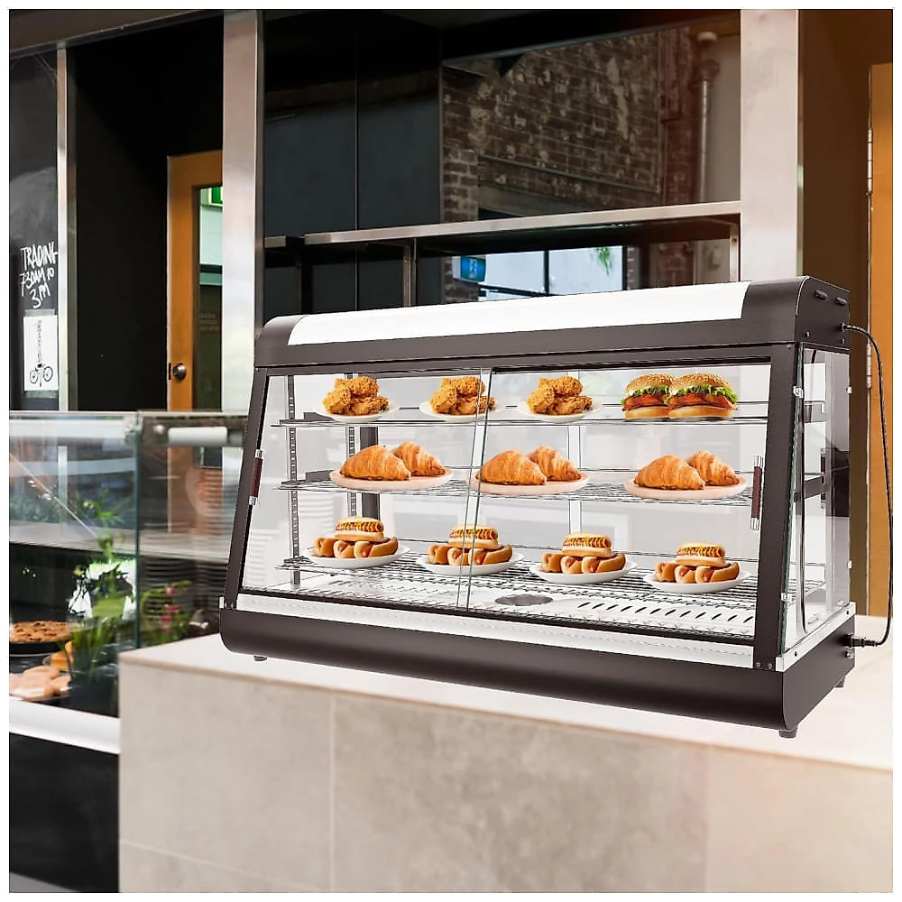 Aquecedor de Alimentos 3 Andares Whalefall Preto Aquecimento 3D Portas de Vidro Deslizantes 122 cm 2000W para Buffet e Restaurantes