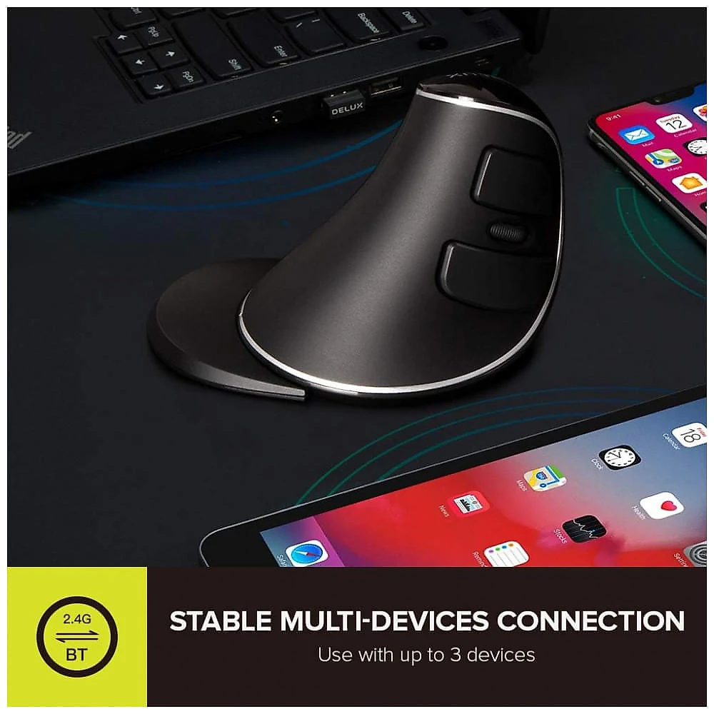 Mouse Ergonômico Vertical Óptico sem Fio Reduz a Tensão do Pulso Multifunções, 800, 4000 DPI, DELUX M618PD, Preto