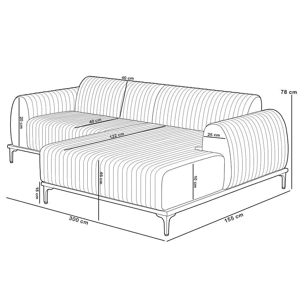 Miniatura Sofá 5 Lugares Chaise Direito Sala Molino 300cm D02 Pés D\'ouro Couríssimo Whisky B-90