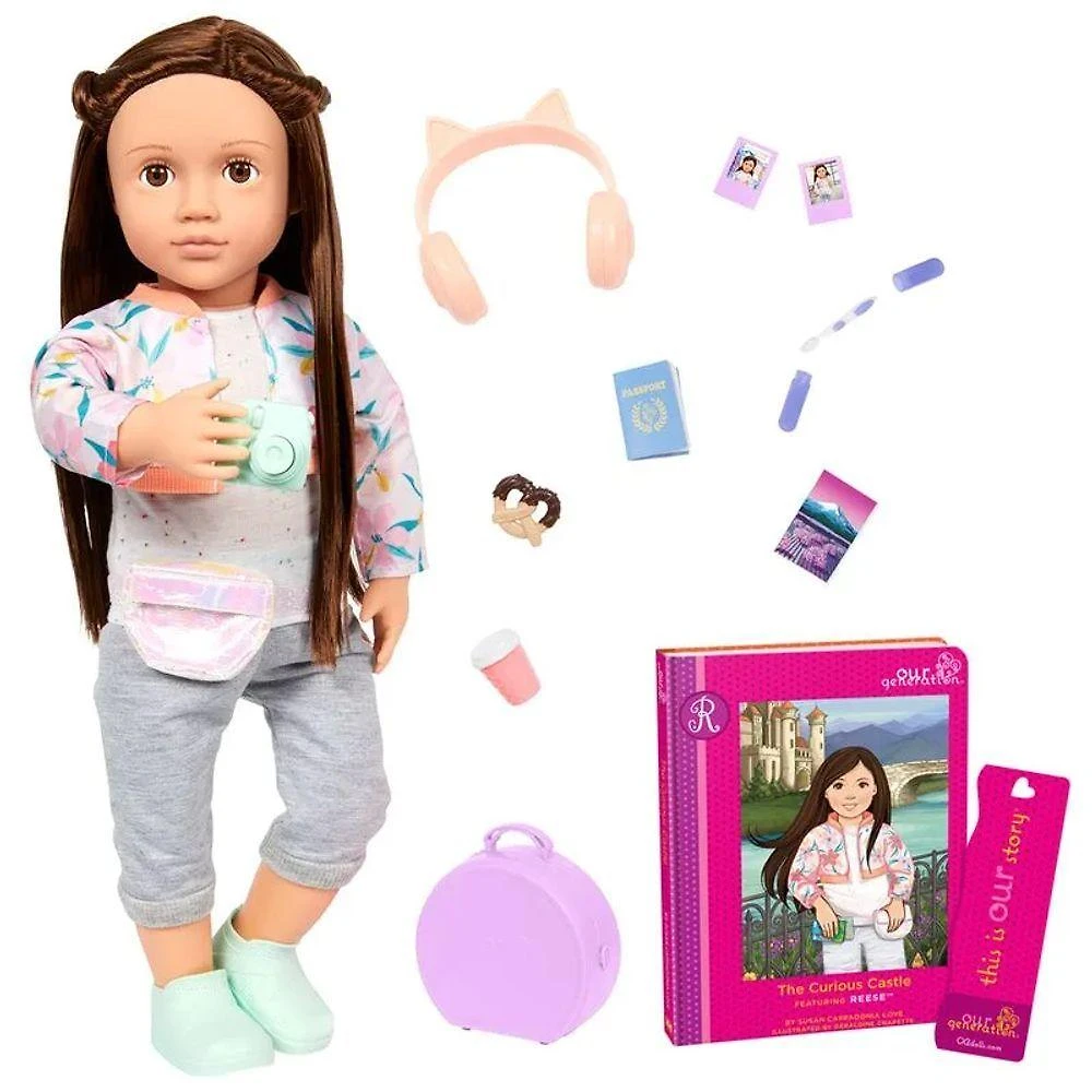 Boneca Reese Posável com Acessórios de Viagem Olhos Castanhos Candide 46CM