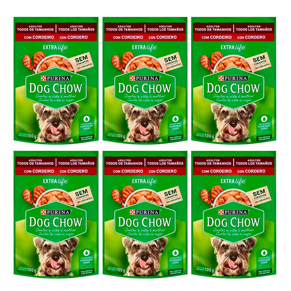 Kit 6 Ração para Cães Dog Chow Purina Extra Life Adultos Sabor Cordeiro Sachê 100g