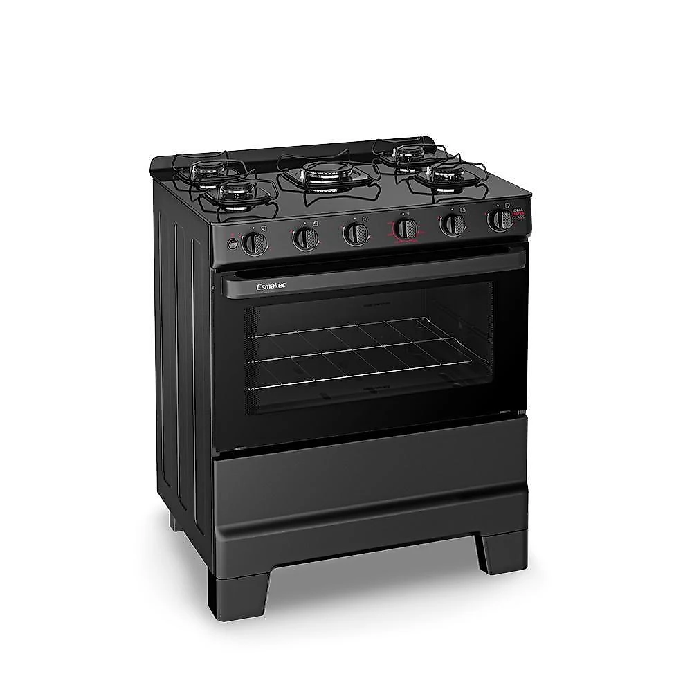 Fogão A Gás Mesa Vidro E Forno 84L Limpa Fácil Esmaltec Ideal Super Glass Preto 5 Bocas Bivolt