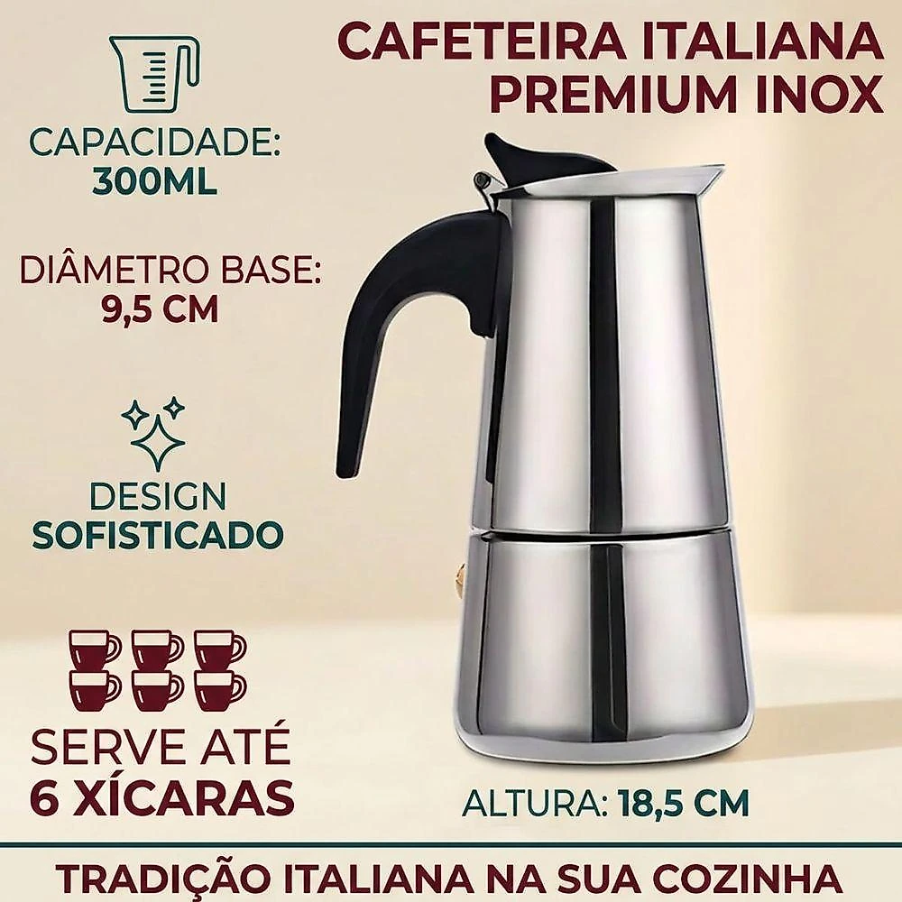 Cafeteira Italiana Moka para Café 6 Xícaras Inox Aço 0,6mm para Cozinha Design Moderno Inox Fratelli