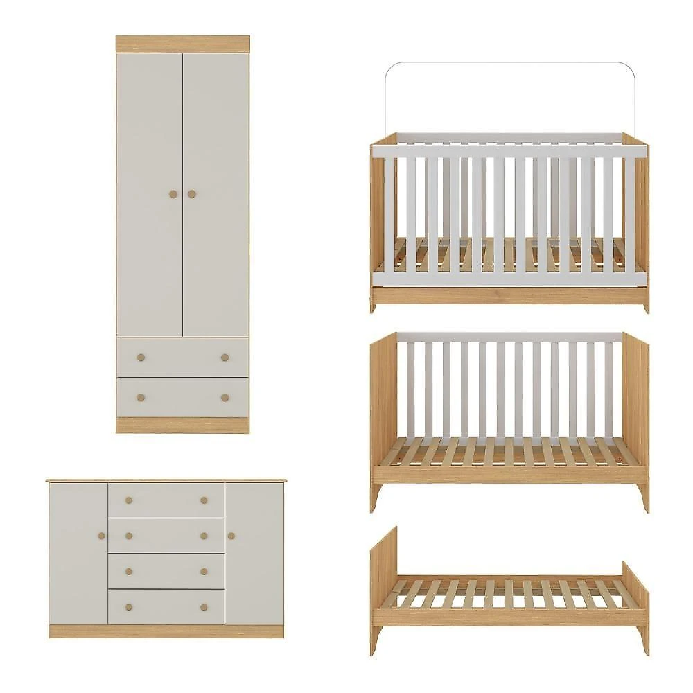 Quarto De Bebê Completo Berço Americano 3x1 Colchão Encanto Multimóveis MP4609 Madeirado-off White