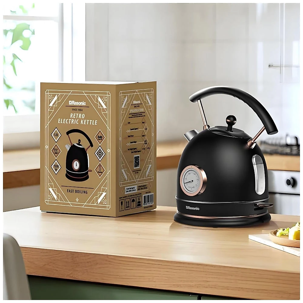 Rasonic Chaleira Elétrica Retrô Inox 1,8L, 1500W, Silenciosa, Termômetro, Desligamento Automático e Proteção Anti-Evaporação