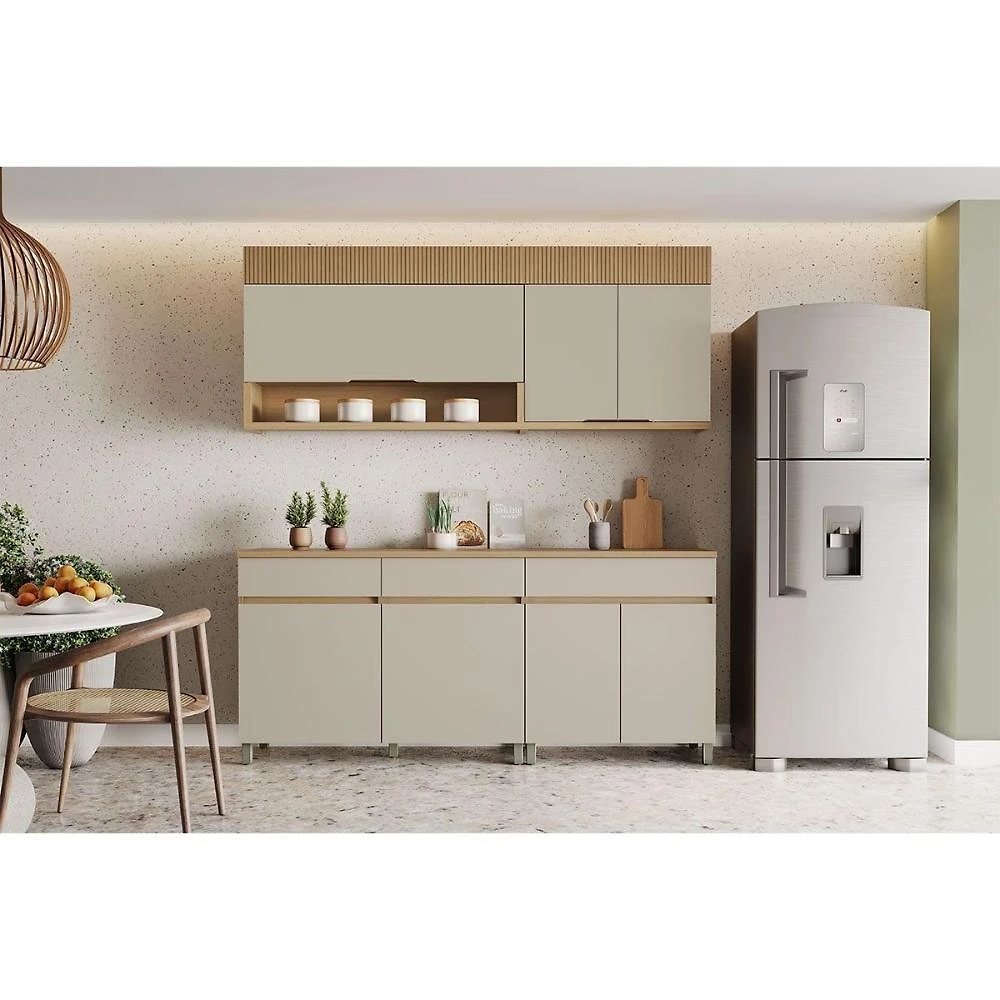 Cozinha Completa Realeza CZ103 4 Portas 3 Gavetas MDF Carvalho e Greige Nesher Móveis