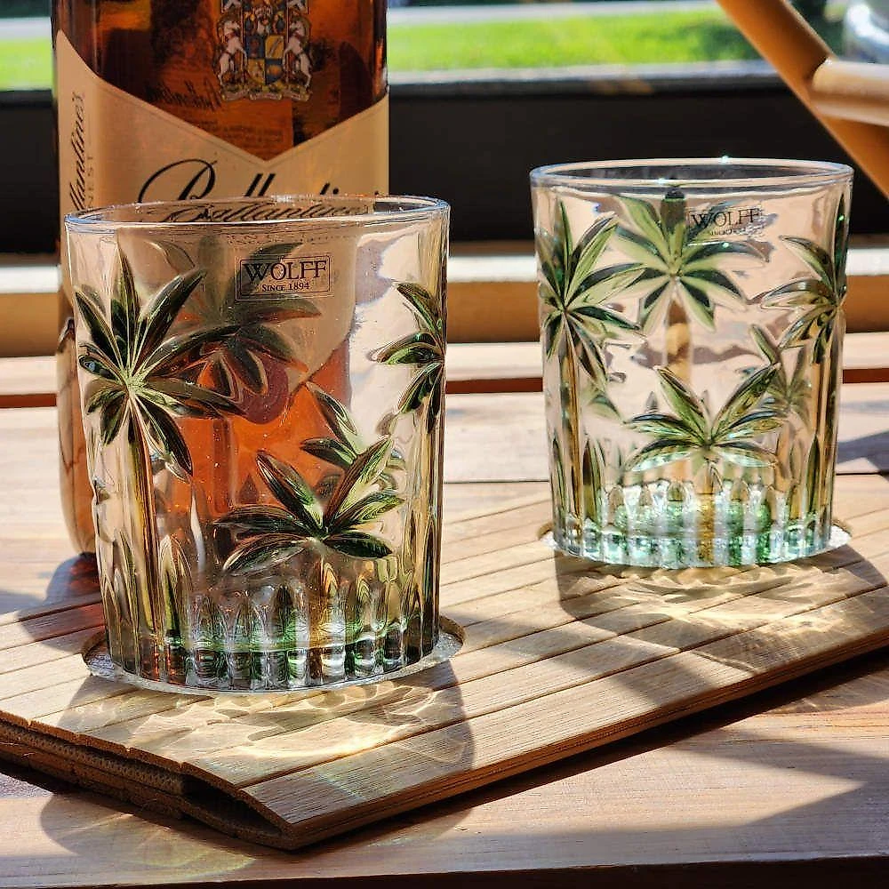 Jogo 2 Copos De Whisky água Baixo Cristal Coqueiro Palm Tree Wolff 340ml