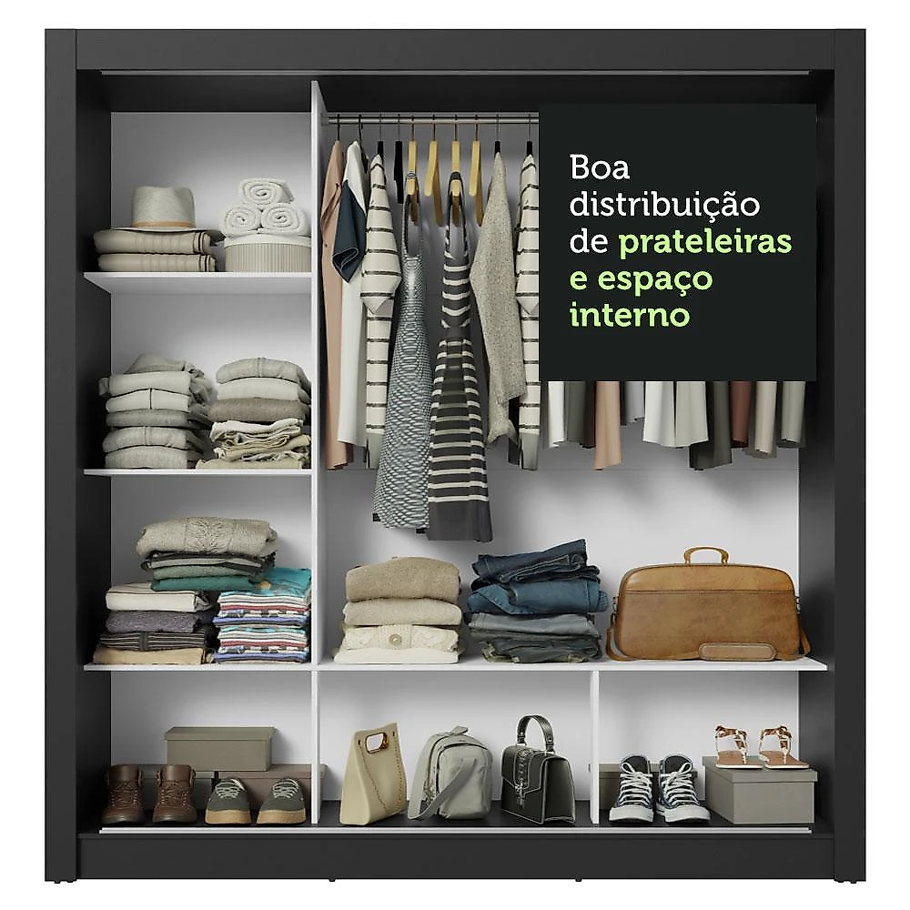 Guarda-Roupa Casal 3 Portas de Correr com Espelho Preto Nobre Madesa Preto
