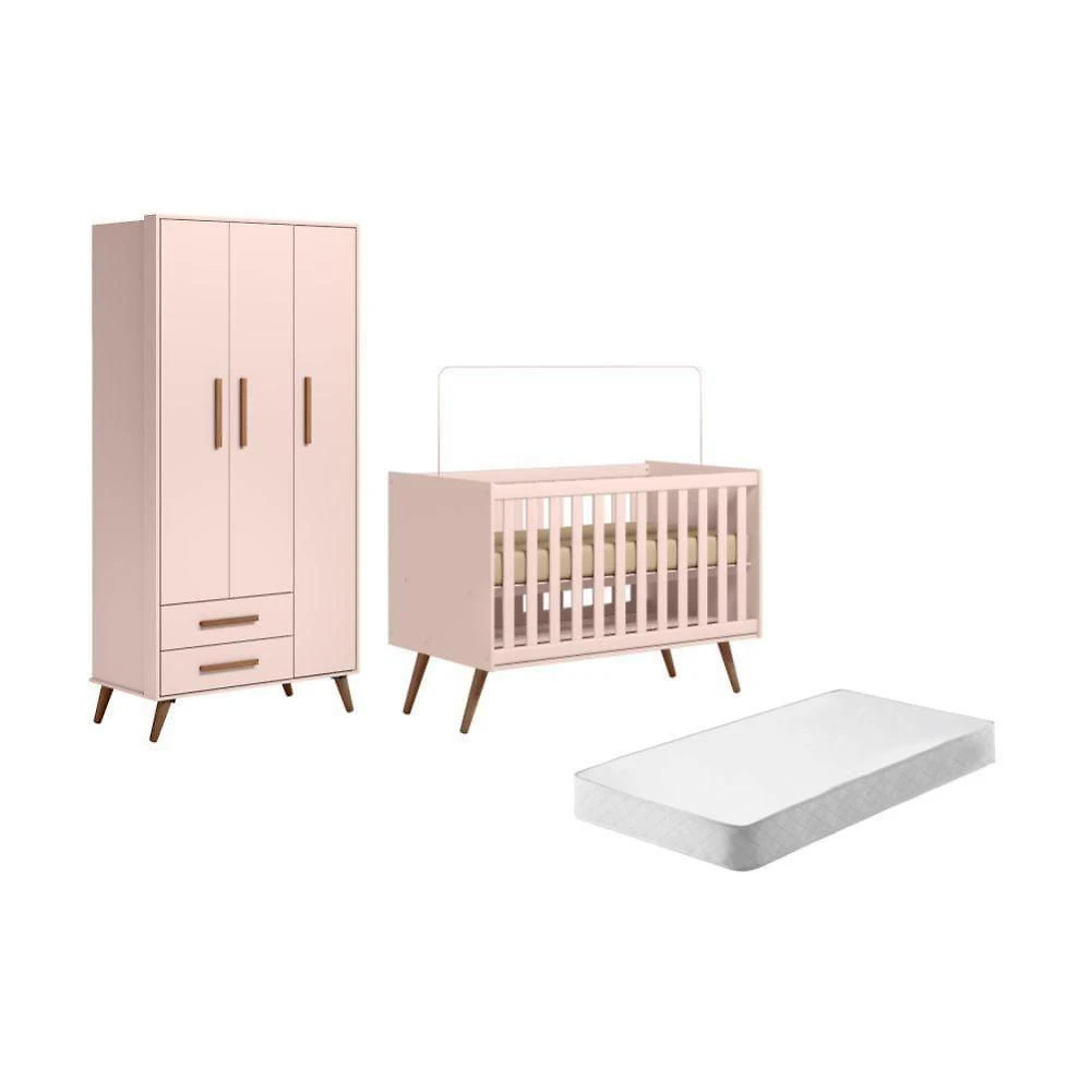 Miniatura Conjunto Quarto Infantil Retro Berço E Guarda Roupa Lima Rosa Com Colchao