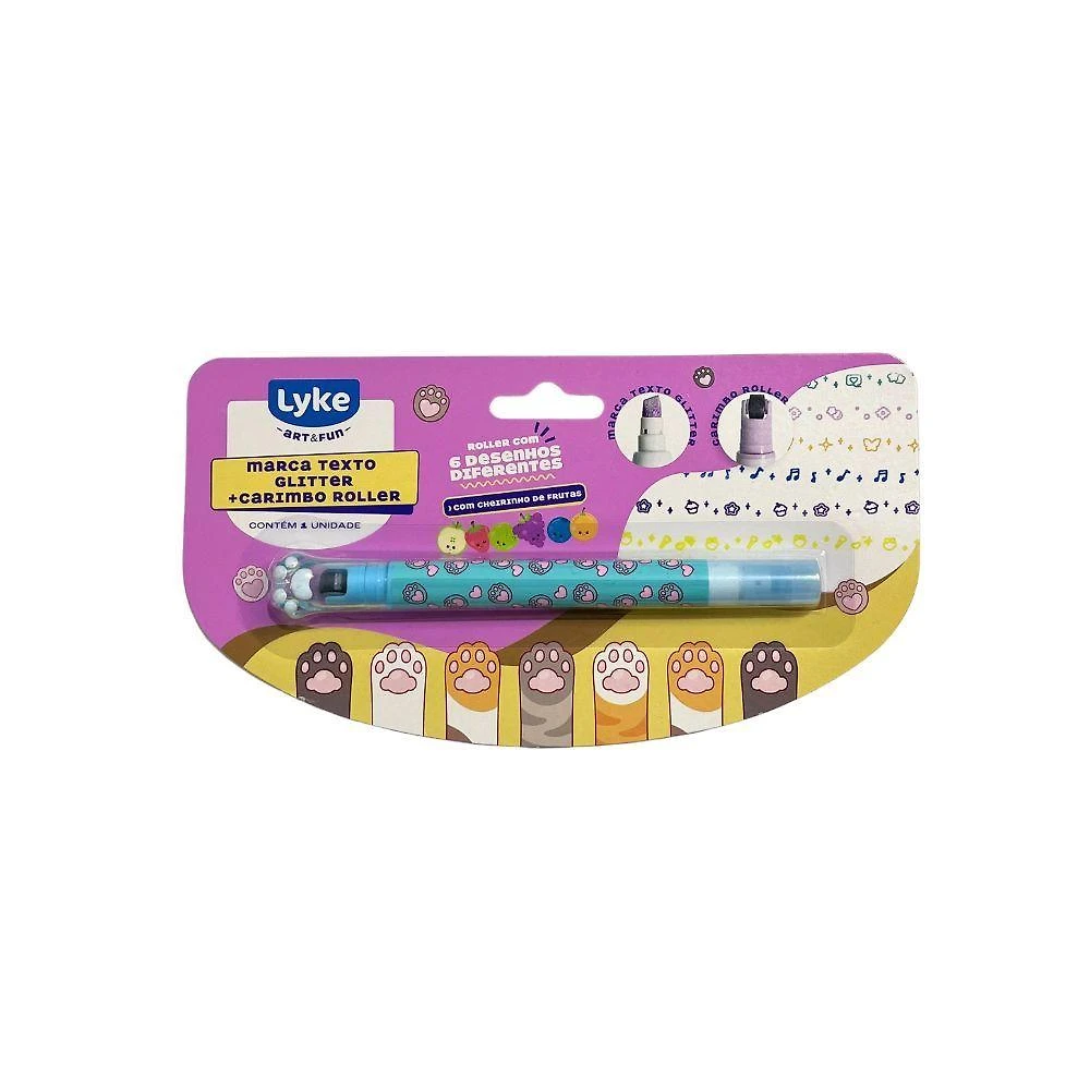 Marca Texto Lyke com Cheirinho de Frutas Glitter e Carimbo Roller Ponta Chanfrada Azul