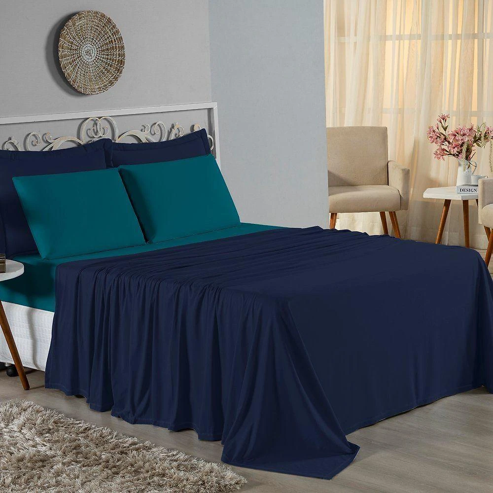 Jogo De Cama Casal Nobre 4 Peças Lençol Com Elástico De 30cm De Altura Malha 100% Algodão - Azul-marinho / Petróleo