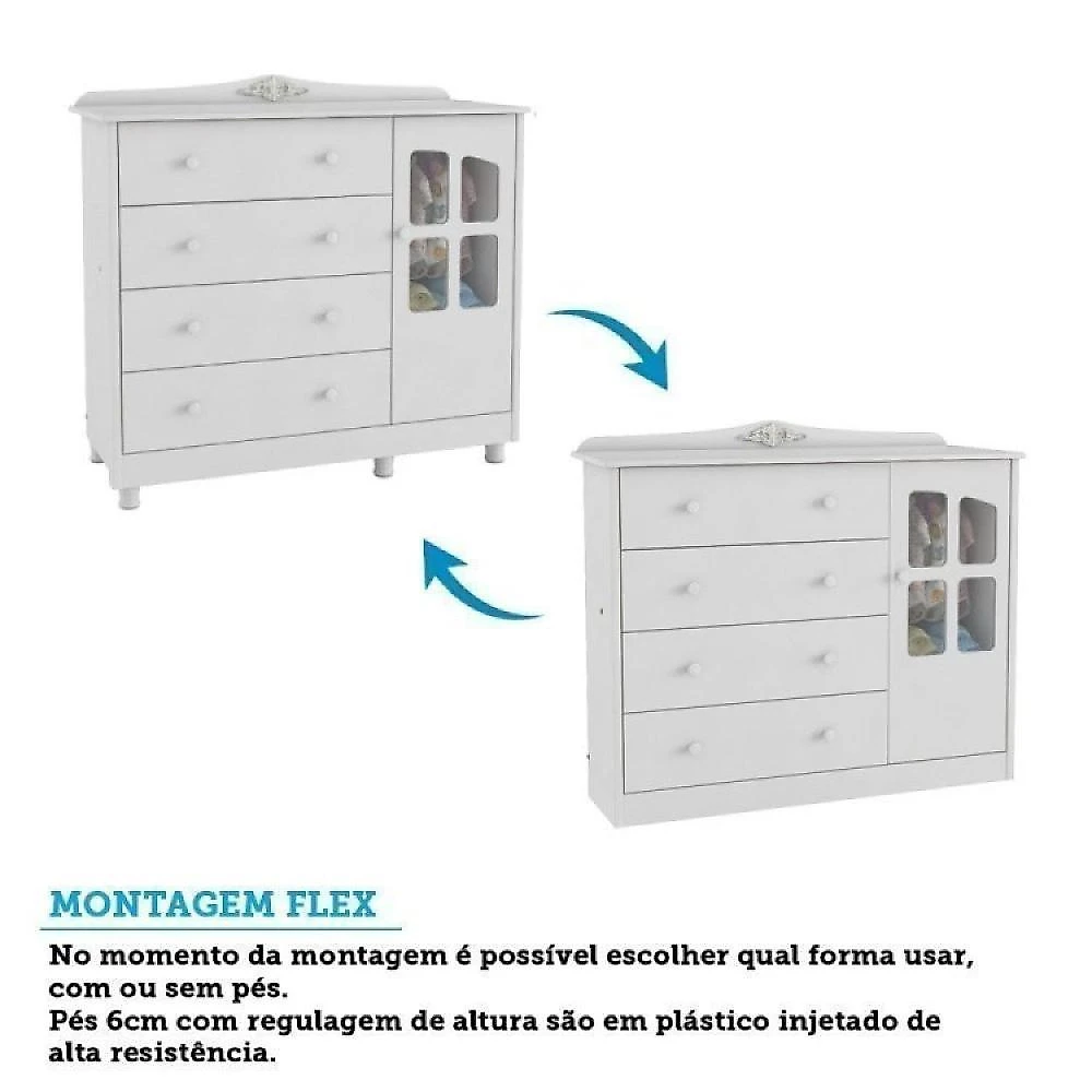 Quarto de Bebê Berço com Capitonê Guarda Roupa e Cômoda com Janela Maya Clássico Espresso Móveis Branco Brilho/Corino Branco