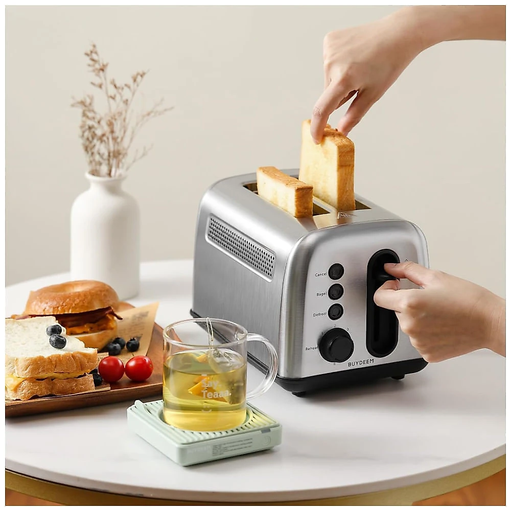 Torradeira BUYDEEM DT420 2 Fatias em Aço Inoxidável com Slots Extra Largos, 6 Configurações de Tostagem, Design Compacto Retro Prateado