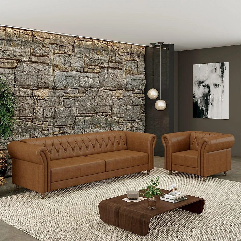 Conjunto Sofá e Poltrona Stanford Chesterfield Madeira e Couro 220cm Mel Gran Belo