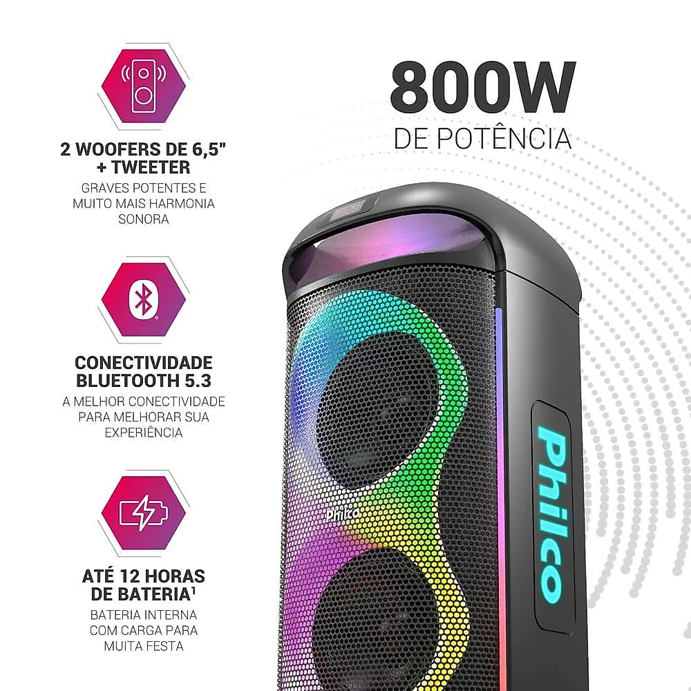 Caixa de som amplificada philco pcx6702 com bluetooth, ex bass, iluminação led e até 12h de bateria - 800w