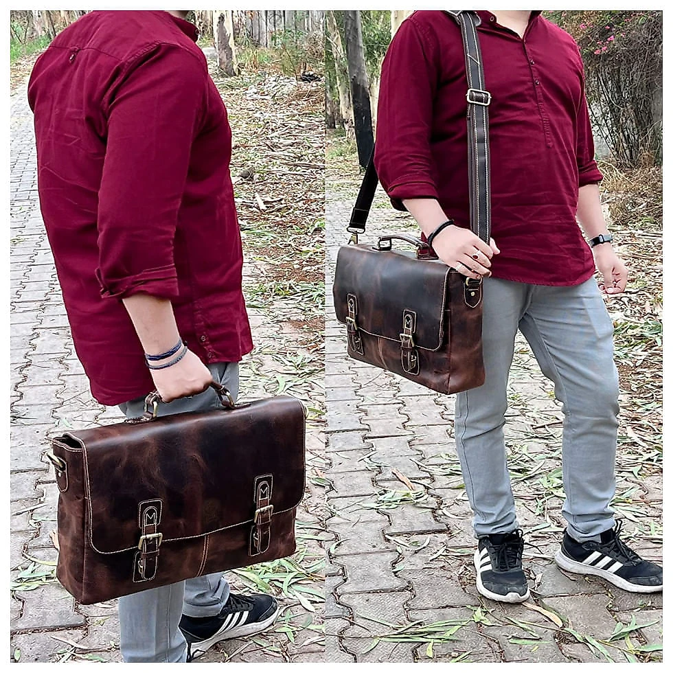 Bolsa Maleta RUSTIC TOWN Couro de Búfalo Unissex para Laptop , Marrom