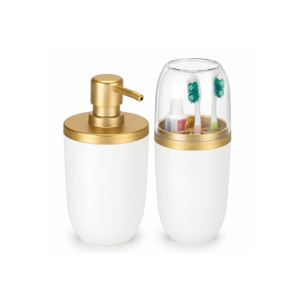 Kit para Banheiro Porta Sabonete Líquido 500ML e Porta Escova Branco com Dourado Arthi