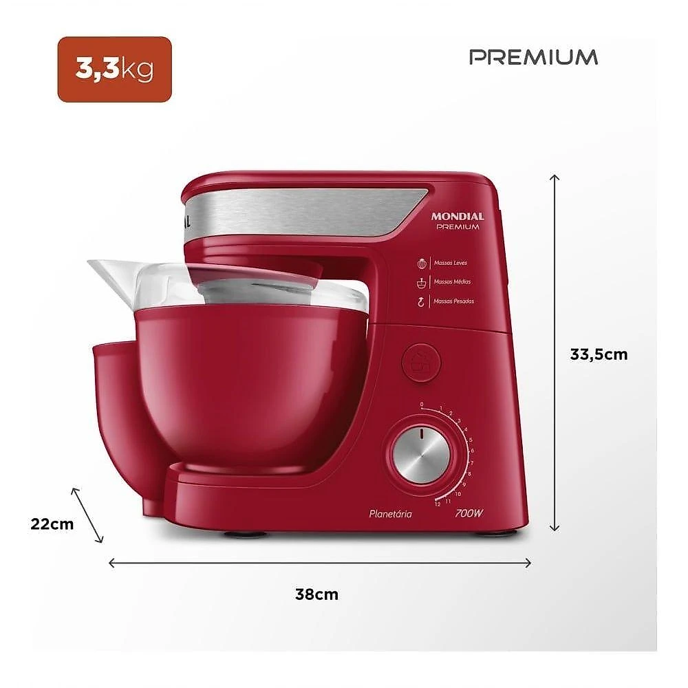 Batedeira Planetária BP-01P-R 4,5L 700W 12 Velocidades Vermelho 110V