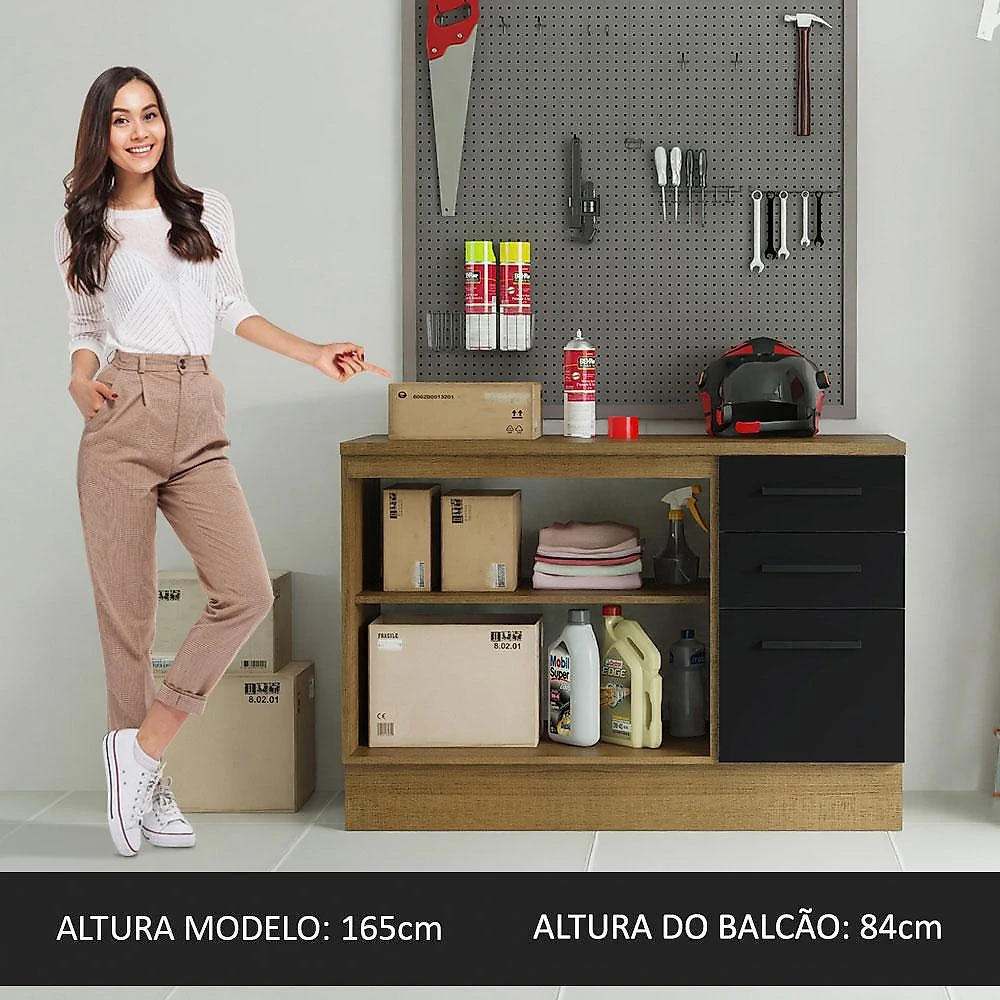 Balcão Multiuso 120cm 2 Portas 3 Gavetas Rustic/Preto Agata Madesa Rustic/Preto