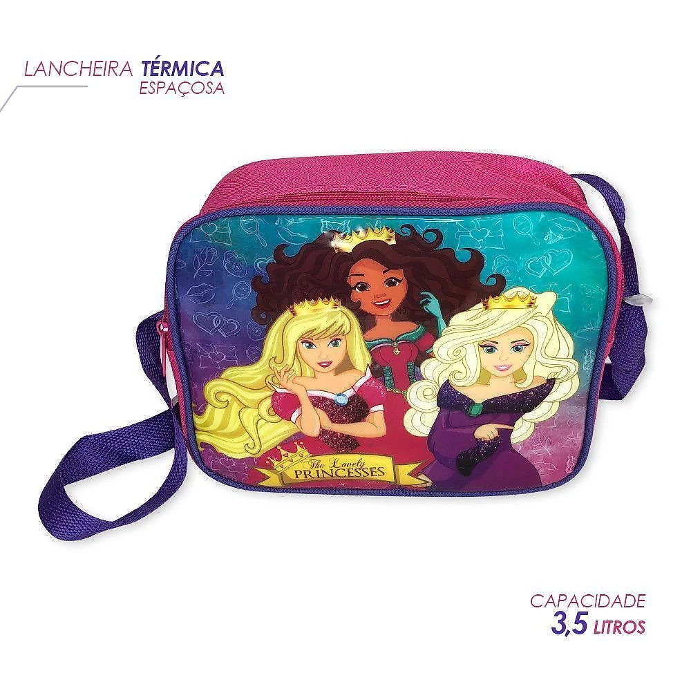 Kit Mochila Infantil Escolar Rocie Princesas de Rodinha com 3 Peças Rosa