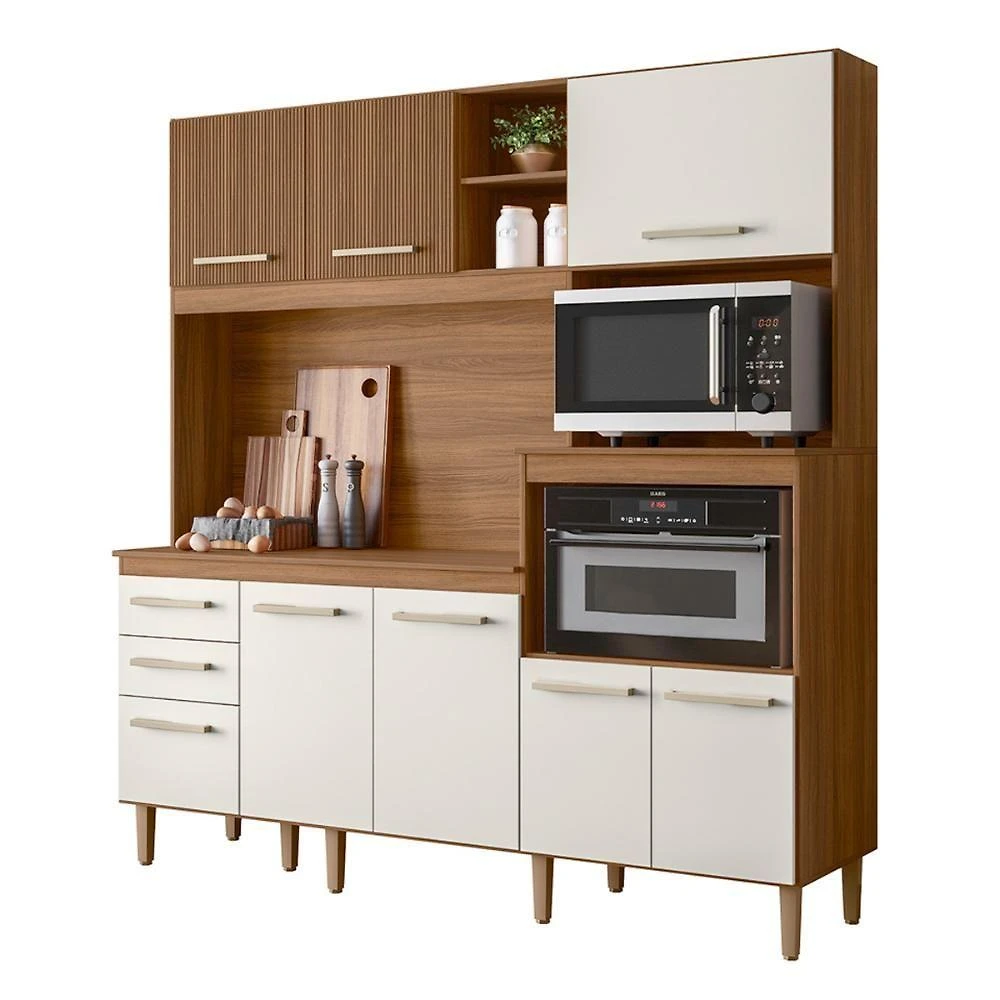 Armario De Cozinha Piatã Com 7 Portas E 3 Gavetas 190 Cm Ipe-off White-ripado