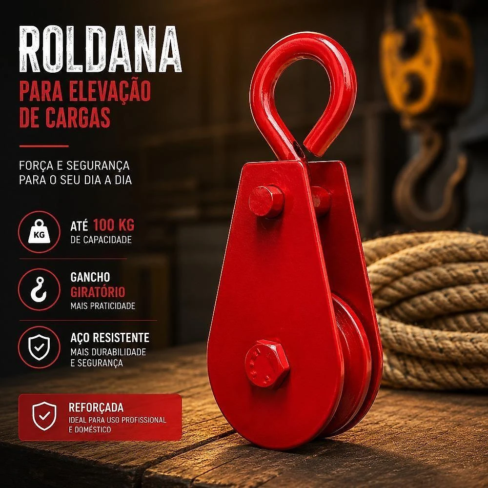 Moitão Roldana Reforcado para Carga Até 100kg com Gancho Giratório em Aço