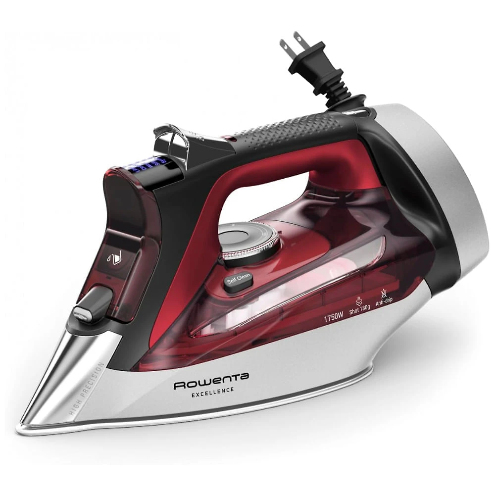Ferro Rowenta, Focus Excellence de Aço Inoxidável com Base a Vapor para Roupas, Cabo Retrátil, 400 Furos de Microvapor, Vapor Potente, Display LED