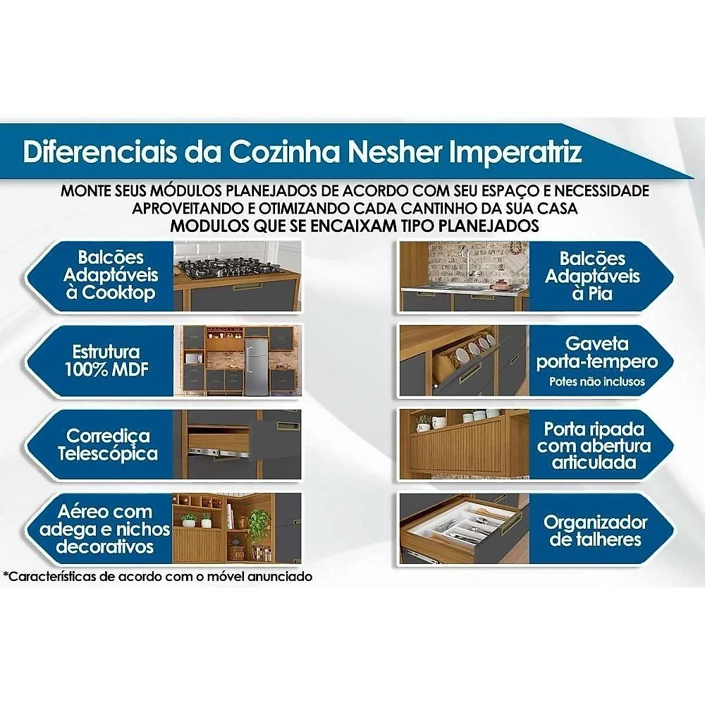 Cozinha Completa Imperatriz 4 Peças (2 Balcões + 2 Aéreos) C6p44 Freijo-off White - Nesher