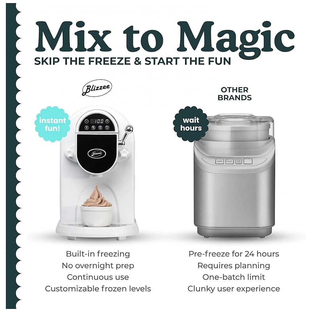 Sorveteira Elétrica BLIZZEE Branca Soft Serve Compressor Embutido Sem Pré-Congelamento 1,18L Aço Inox 120V