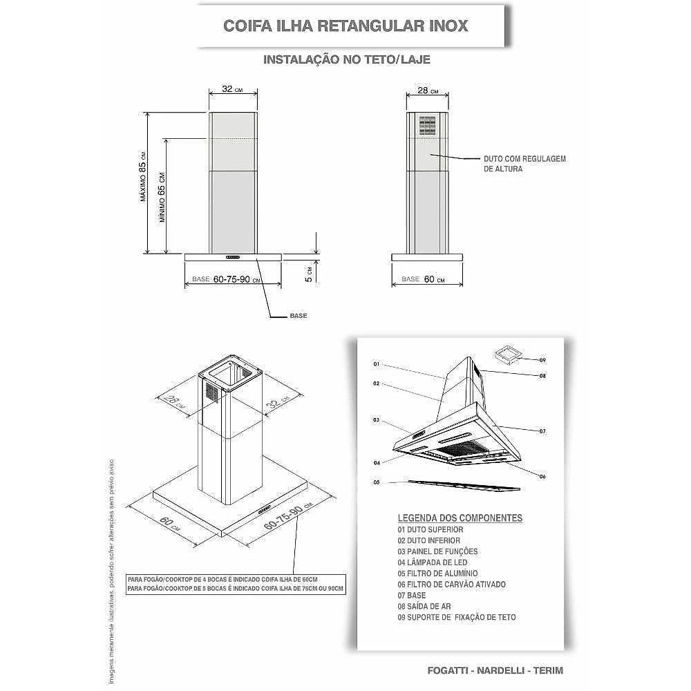 Coifa Ilha 90cm Retangular Fogatti Inox 110v