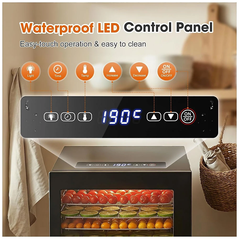 Desidratador de Alimentos Cercker Preto 12 Bandejas de Aço Inoxidável 1000W com Controle Digital 120V